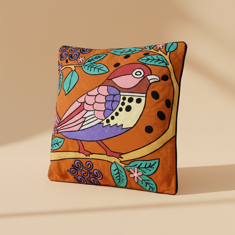 Cuscino uccello folk art arancione su sfondo beige