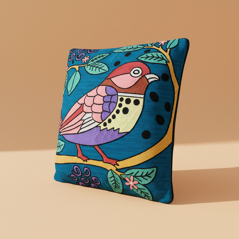 Cuscino uccello folk art blu su sfondo beige