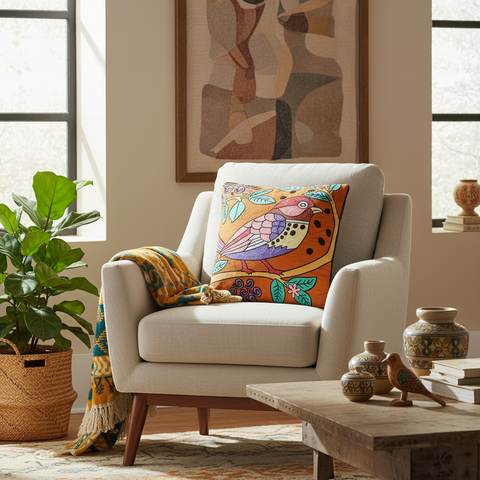 Cuscino uccello folk in ambiente living bohemian