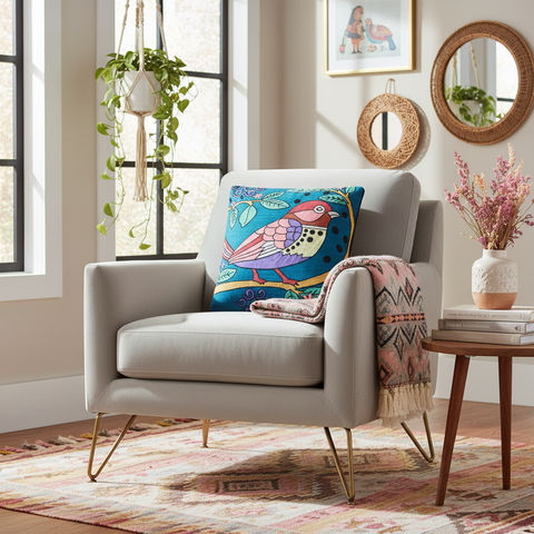 Cuscino uccello folk in ambiente living bohemian