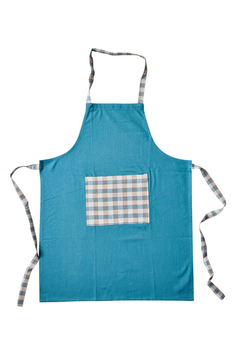 BORMIO - GREMBIULE AZZURRO CON TASCA E BORDI QUADRETTI