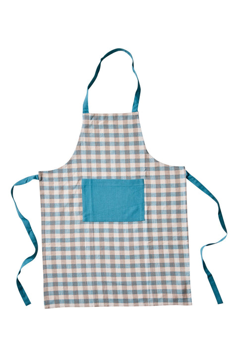 BORMIO - GREMBIULE QUADRETTI CON TASCA E LACCI AZZURRI TINTA UNI