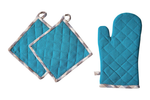 BORMIO - SET 1/3 GUANTO E DUE PRESINE AZZURRO CON BORDO QUADRETT