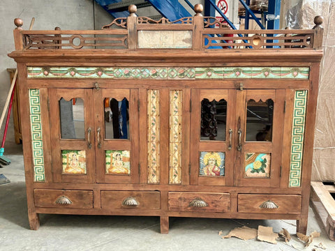CREDENZA 4 SPORTELLI E 4 CASSETTI TEAK C/MAIOLICHE