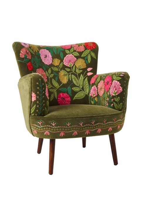 STEVIA - POLTRONA RICAMATA FLORAL DESIGNS VELLUTO VERDE