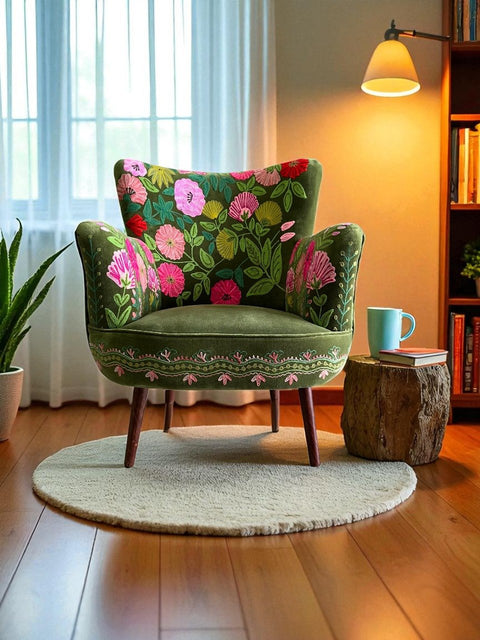 STEVIA - POLTRONA RICAMATA FLORAL DESIGNS VELLUTO VERDE