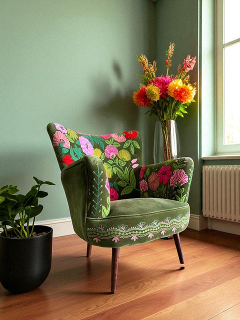 STEVIA - POLTRONA RICAMATA FLORAL DESIGNS VELLUTO VERDE