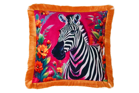 Cuscino Zebrato con Frange Arancioni in Velluto - MALINDI