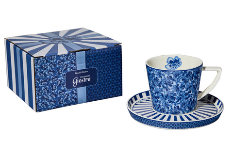Tazza con Piattino Giostra Righe Blu 260ml - New Bone China