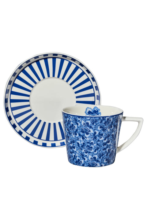 Tazza con Piattino Giostra Righe Blu 260ml - New Bone China