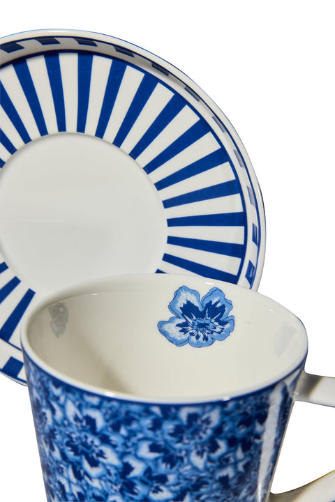 Tazza con Piattino Giostra Righe Blu 260ml - New Bone China