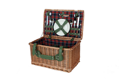 HYDE PARK - PICNIC BASKET SET FOR 2 PEOPLE GREEN QUILT FABRIC