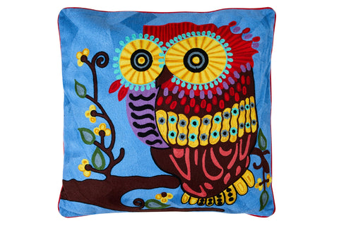 EMBROIDERY - CUSCINO GUFO ROSSO SU FONDO BLU