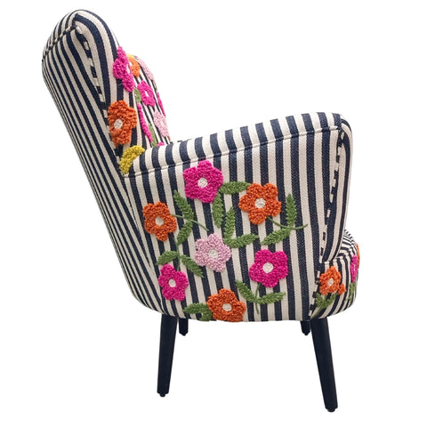 FLORA - POLTRONA TESSUTO RIGHE CON FIORI RICAMATI