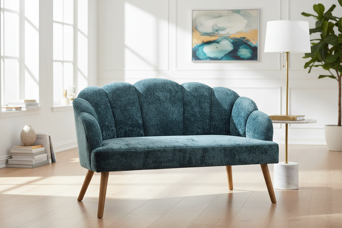 Divano conchiglia velluto teal ottanio completo ambientato