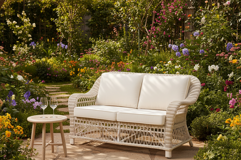 Divano in giardino con tavolino e calici