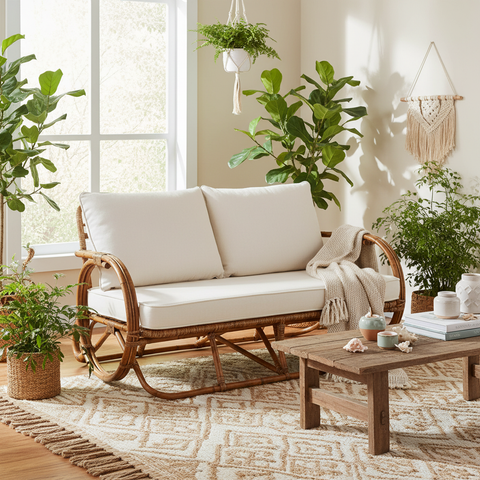 Divano rattan con cuscini bianchi in ambiente bohemian