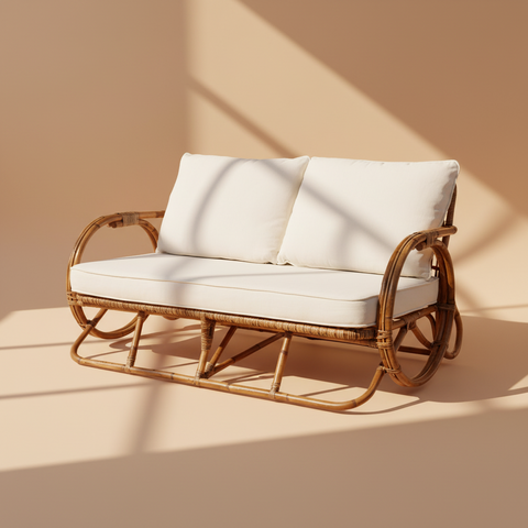 Divano rattan con cuscini bianchi su sfondo beige