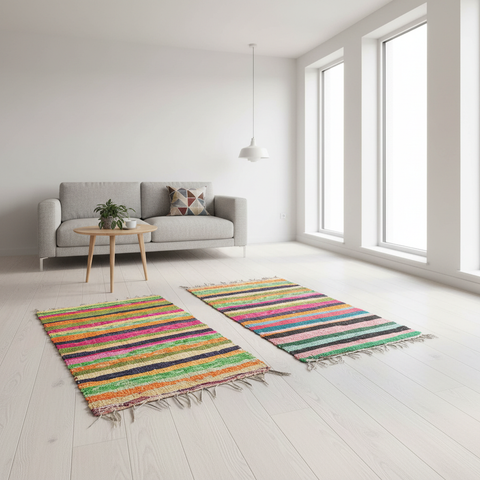 Due tappeti multicolore a righe ambientati