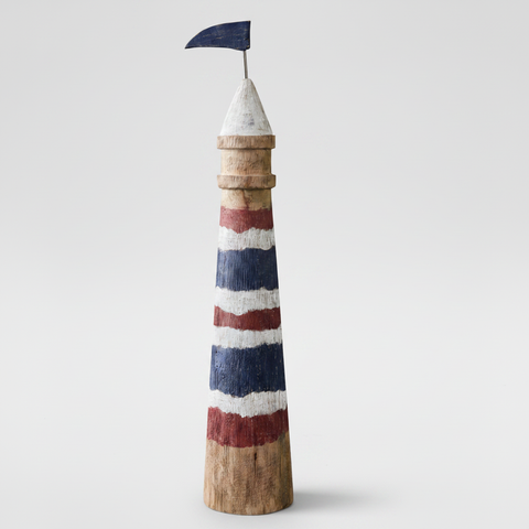 Faro in legno marinaro su sfondo grigio con ombra