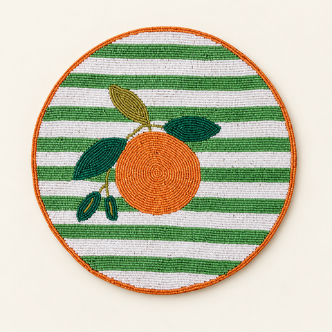 FRUITFUL - SOTTOPIATTI ARANCIA SET 1/4 RICAMATI CON PERLINE - su fondo avorio con ombre morbide