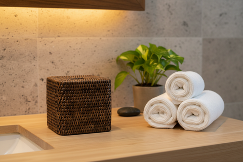 Porta fazzolettini Myanmar ambientato in bagno spa con elementi naturali
