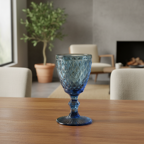 Calice in vetro blu in ambiente living
