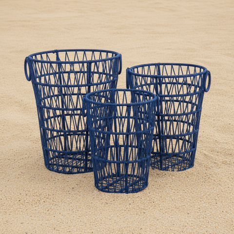 Set 3 ceste rotonde in ferro rivestite corda di cotone blu con maniglie