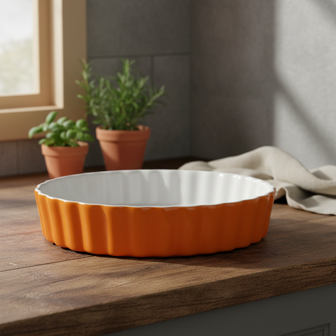 Stampo crostata ceramica arancione ambientato in cucina rustica