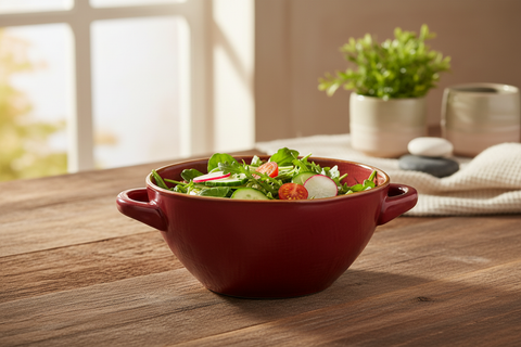 Ciotola rossa con insalata ambientata su tavola rustica