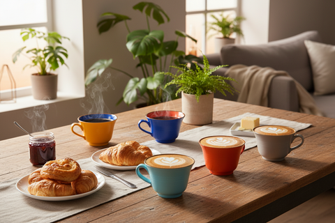 Set tazze colorate ambientate su tavola colazione