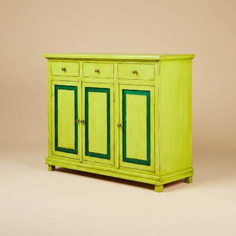 Credenza Greenfield verde lime con 3 cassetti e 3 sportelli, finitura vintage