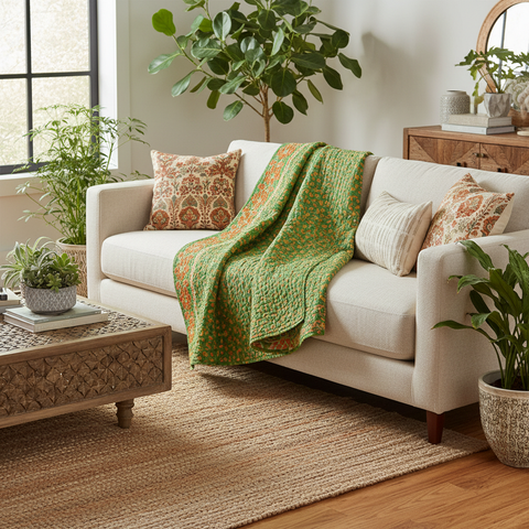 Copriletto Kantha verde drappeggiato su letto in ambiente bohemien