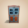 Vetrina 4 sportelli vintage legno blu e terracotta su sfondo beige