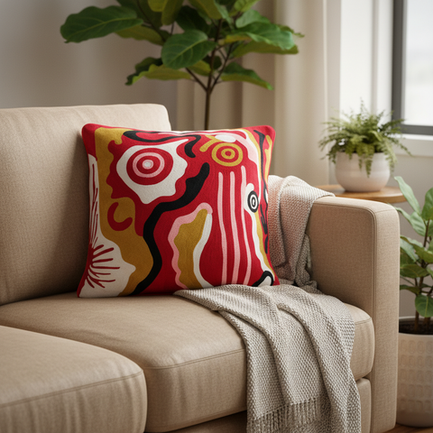 Cuscino Embroidery Linee e Curve Astratte Rosso su divano in appartamento