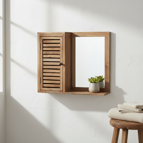 Specchio Leeds in acacia con anta a persiana ambientato in bagno