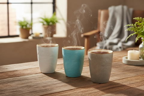 Set bicchieri colorati ambientati con bevande