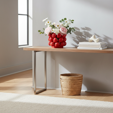 Vaso fragole con fiori su consolle