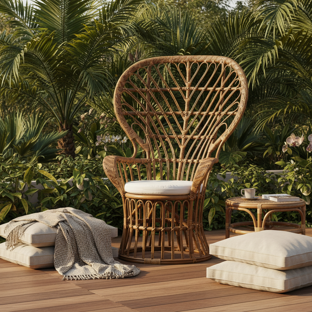 Poltrona Bourdonnais schienale alto in rattan - ambientazione outdoor bohémien