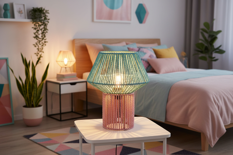 Lampada fungo azzurra e rosa ambientata in camera da letto contemporanea con luce accesa