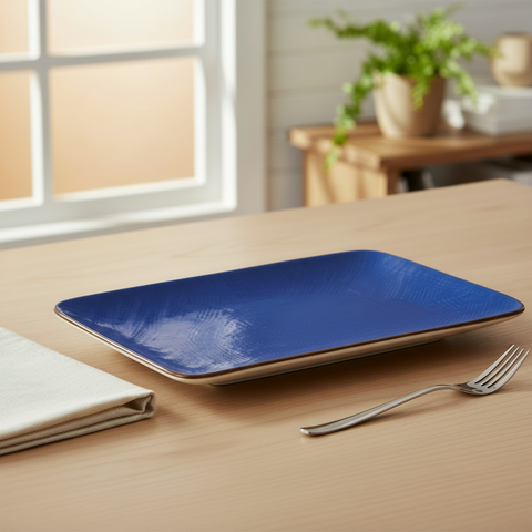 Piatto ceramica blu cobalto ambientato su tavolo in legno