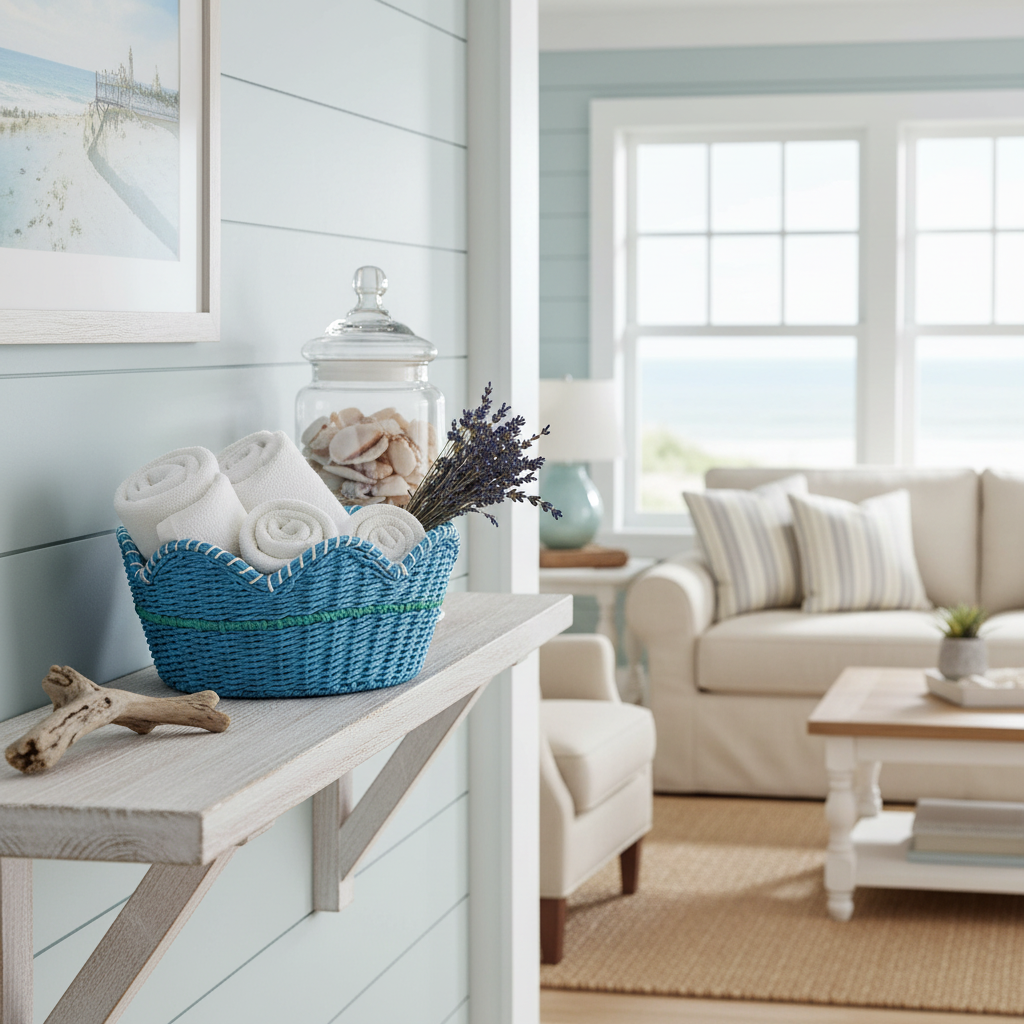 Vassoio conchiglia azzurro in ambiente coastal come elemento decorativo