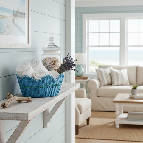 Vassoio conchiglia azzurro in ambiente coastal come elemento decorativo