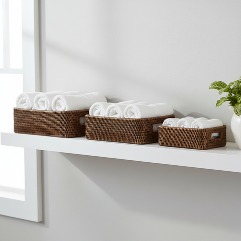 Set di 3 cestini rettangolari in rattan su mensola bagno