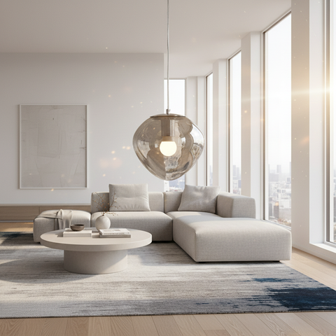 Lampadario Lagos grigio fumé scultoreo appeso in ambiente moderno