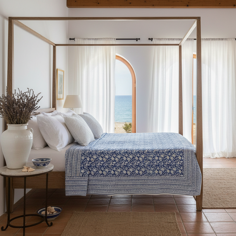 Mezzero Ortigia blu e bianco su letto in camera costiera