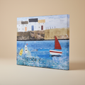 Tela dipinta rolling waves porto con barche su sfondo neutro beige