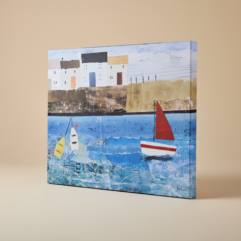 Tela dipinta rolling waves porto con barche su sfondo neutro beige
