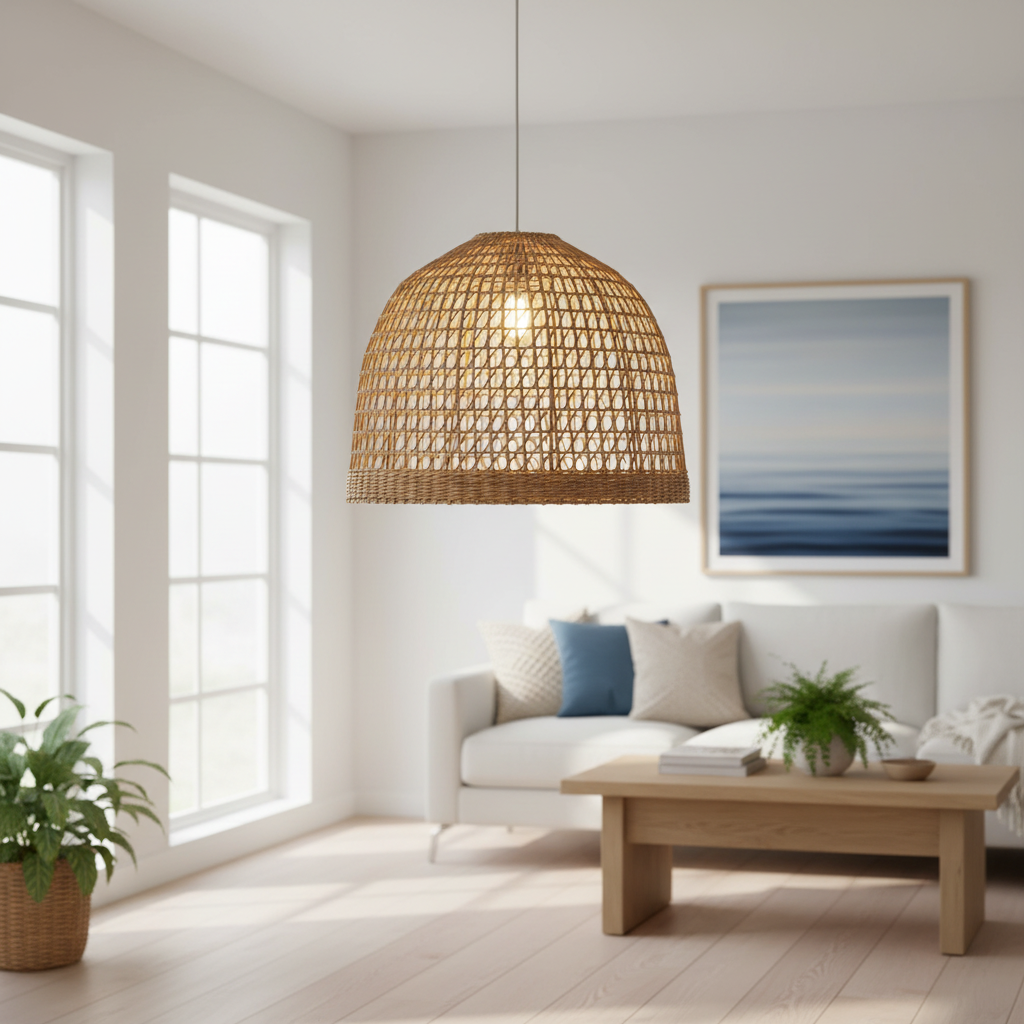 Paralume Ceiling in seagrass in ambiente moderno con luce calda