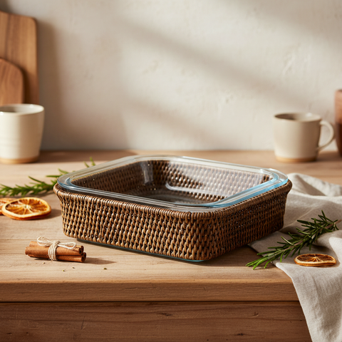 Cesta Myanmar in rattan con pyrex in cucina